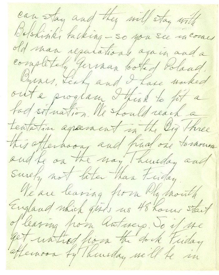 Letter from Harry S. Truman to Bess W. Truman