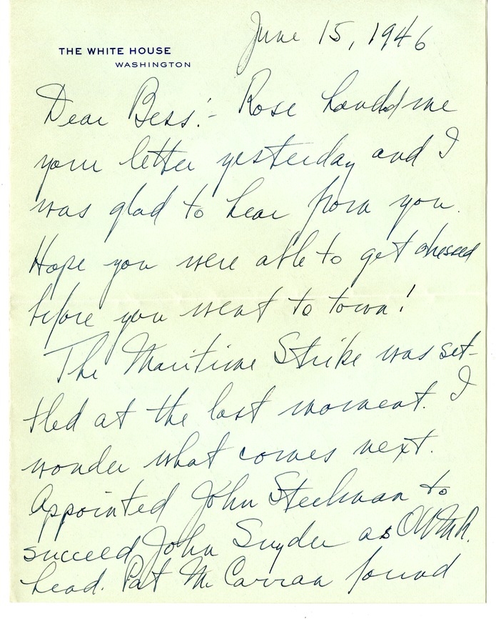 Letter from Harry S. Truman to Bess W. Truman