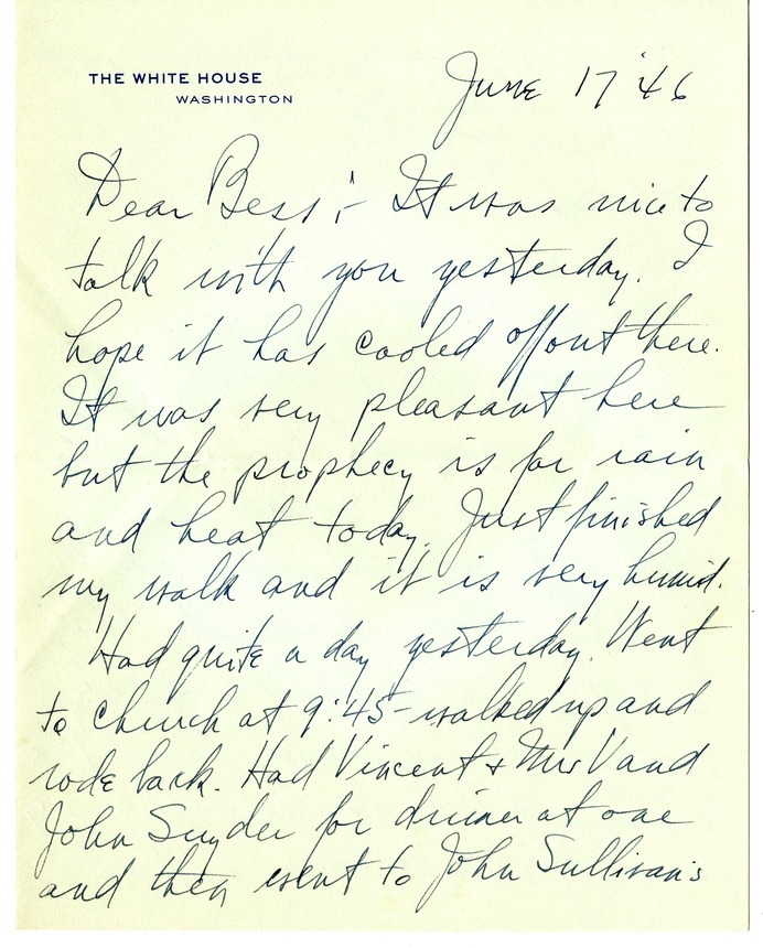 Letter from Harry S. Truman to Bess W. Truman