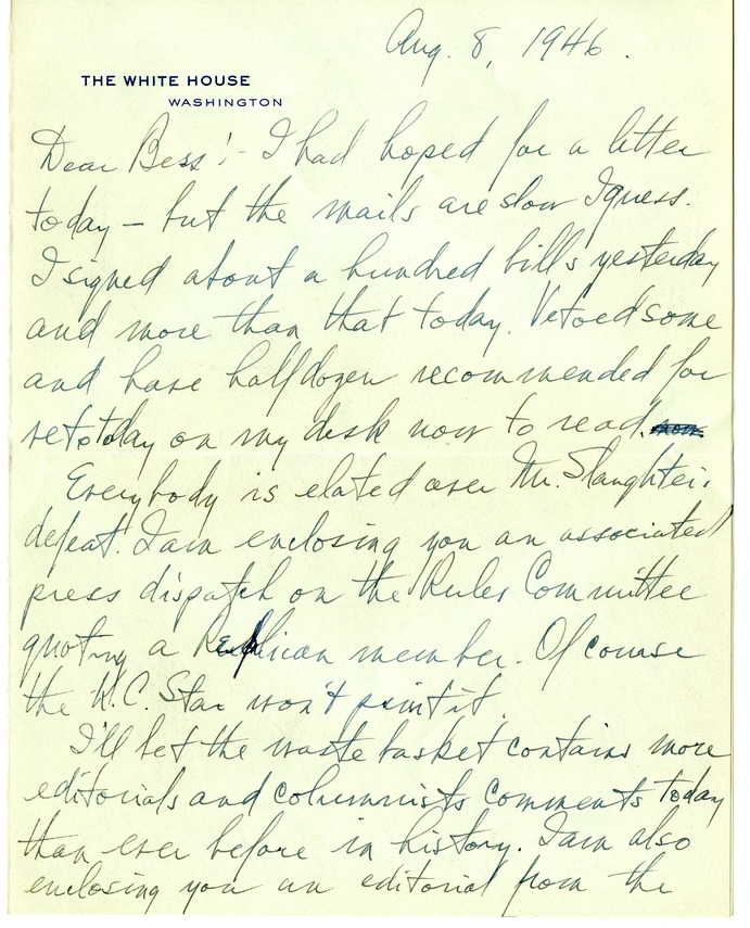 Letter from Harry S. Truman to Bess W. Truman
