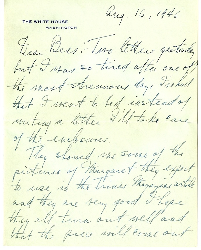 Letter from Harry S. Truman to Bess W. Truman
