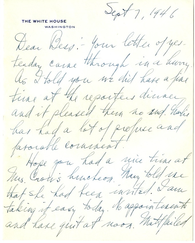 Letter from Harry S. Truman to Bess W. Truman