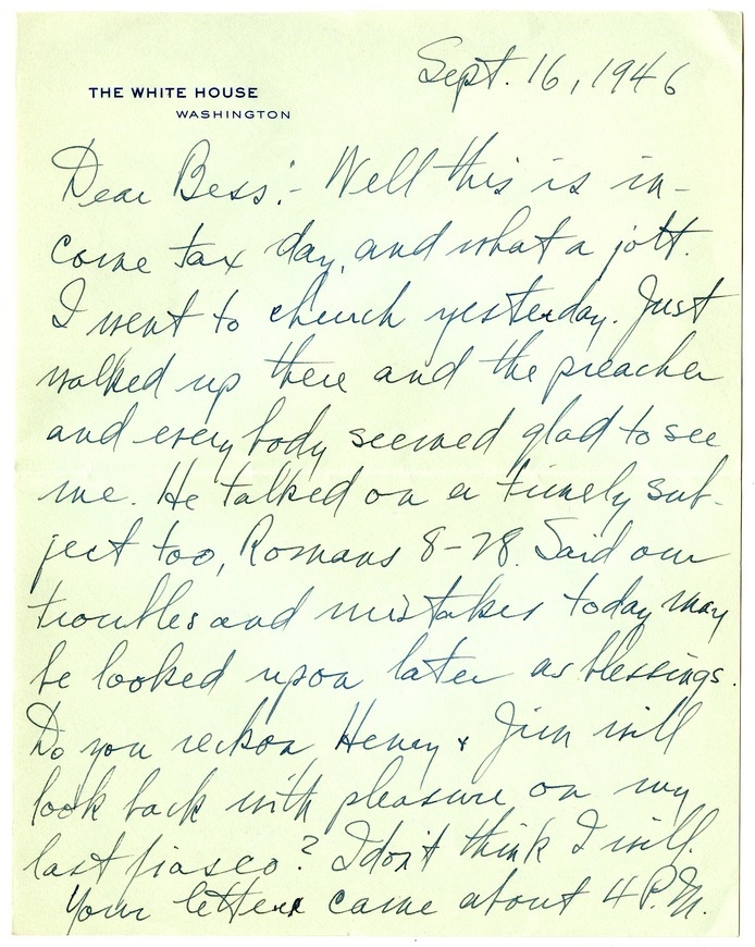 Letter from Harry S. Truman to Bess W. Truman