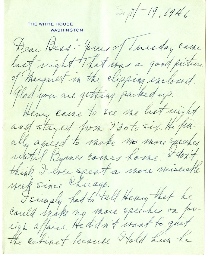 Letter from Harry S. Truman to Bess W. Truman