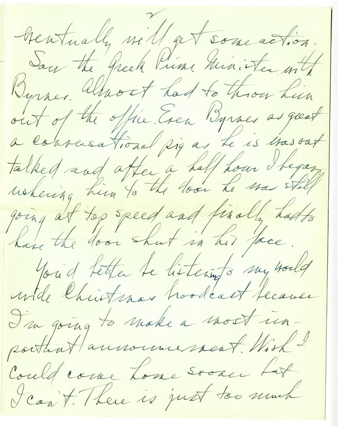 Letter from Harry S. Truman to Bess W. Truman