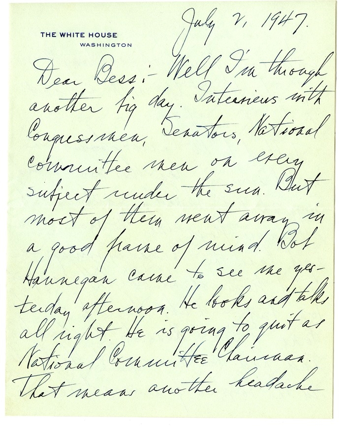 Letter from Harry S. Truman to Bess W. Truman