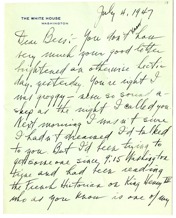 Letter from Harry S. Truman to Bess W. Truman