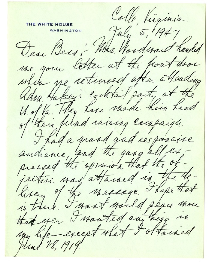 Letter from Harry S. Truman to Bess W. Truman