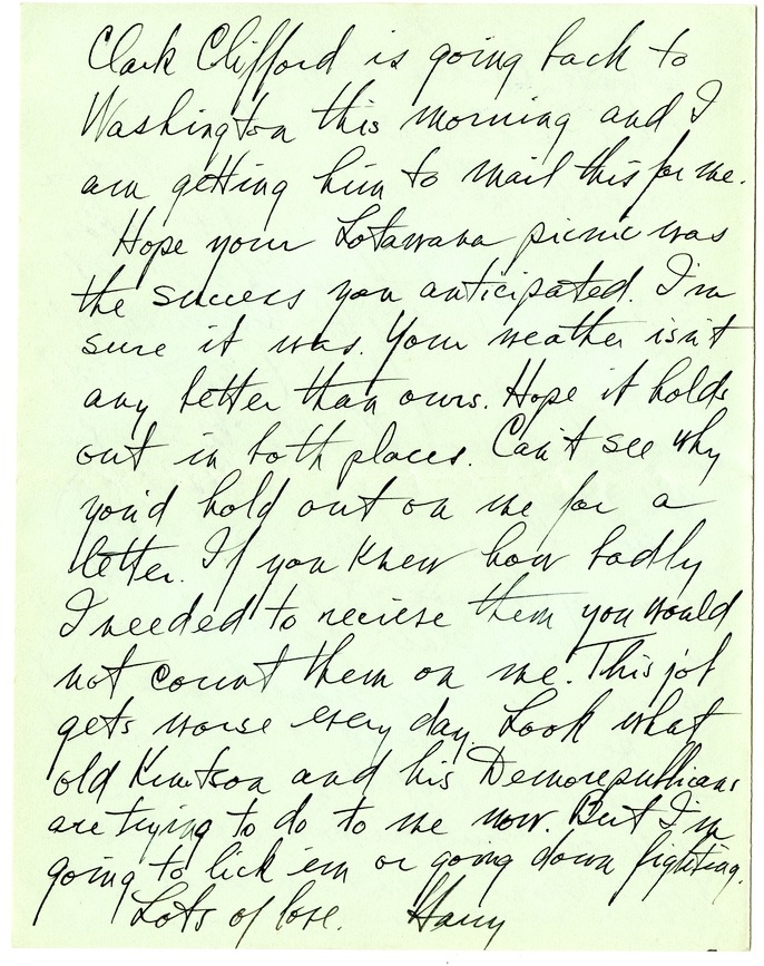 Letter from Harry S. Truman to Bess W. Truman