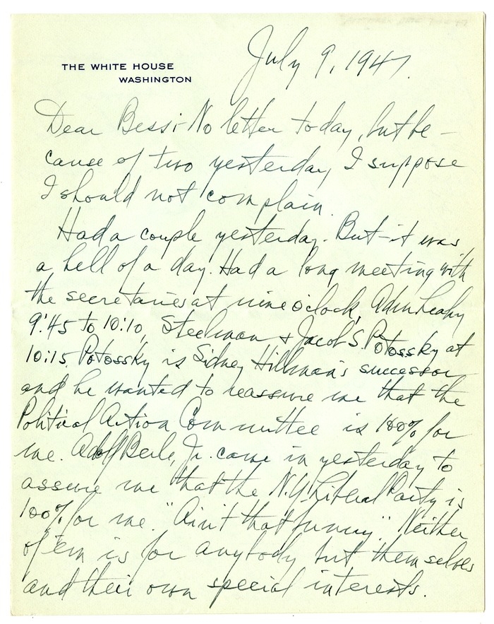 Letter from Harry S. Truman to Bess W. Truman