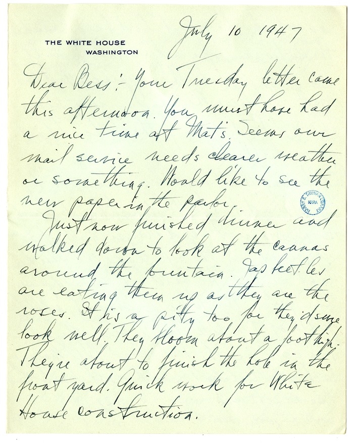 Letter from Harry S. Truman to Bess W. Truman