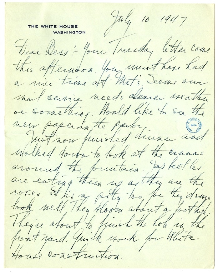 Letter from Harry S. Truman to Bess W. Truman