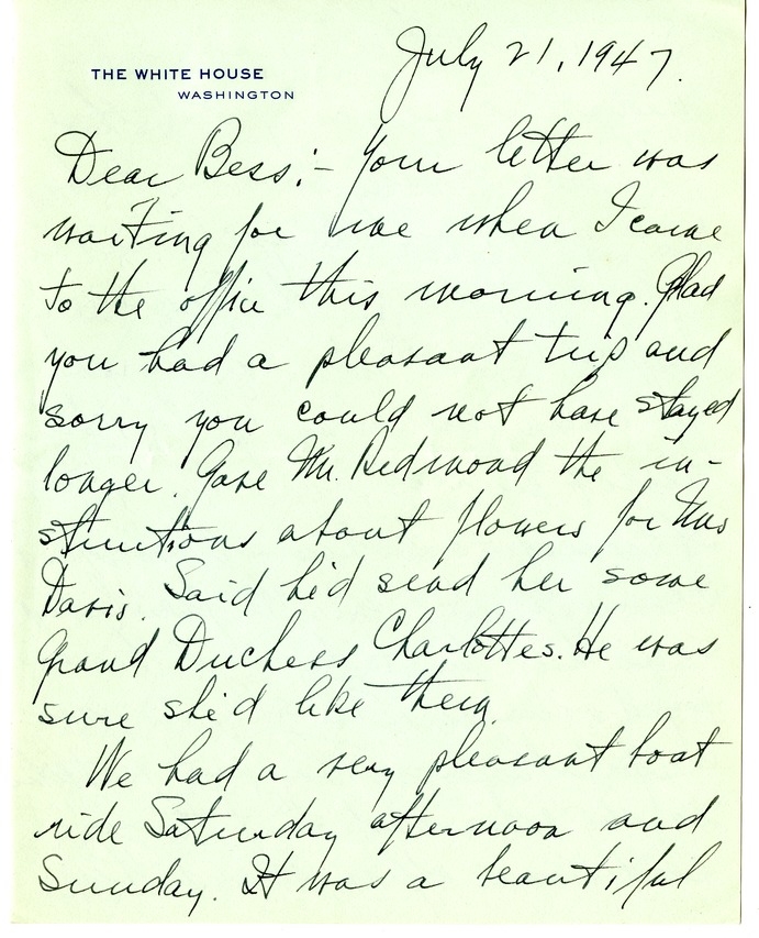 Letter from Harry S. Truman to Bess W. Truman