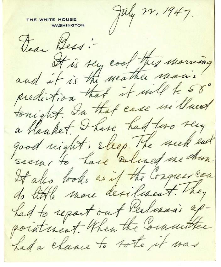 Letter from Harry S. Truman to Bess W. Truman