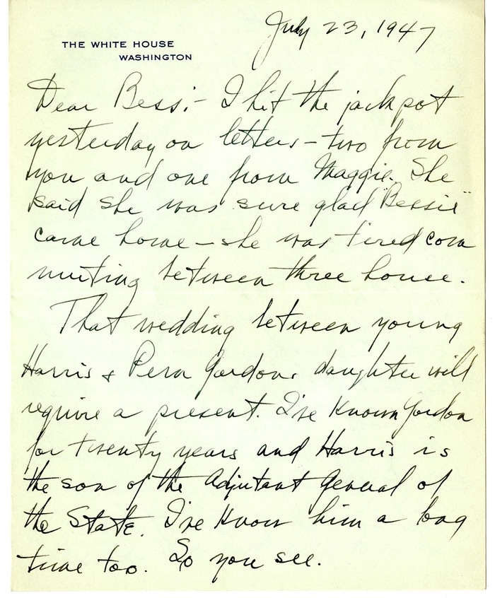 Letter from Harry S. Truman to Bess W. Truman