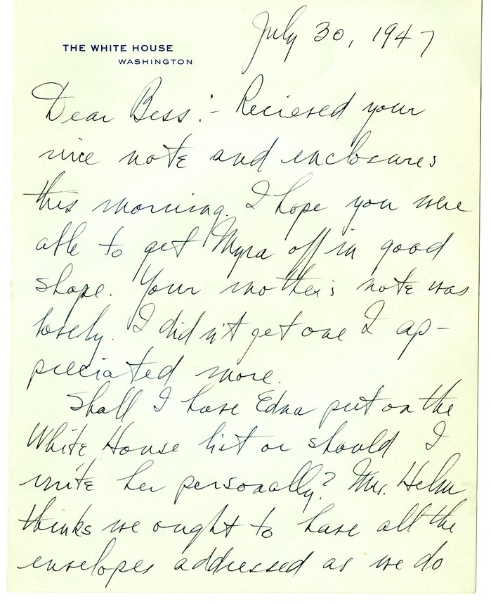 Letter from Harry S. Truman to Bess W. Truman