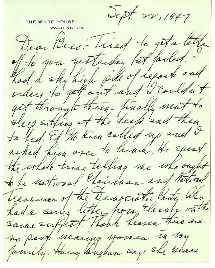 Letter from Harry S. Truman to Bess W. Truman
