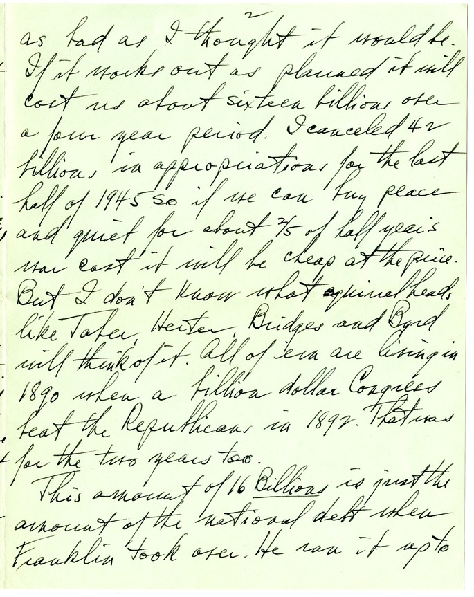 Letter from Harry S. Truman to Bess W. Truman