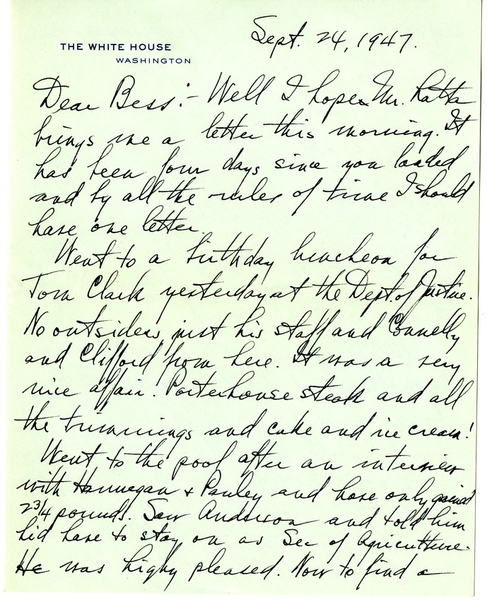 Letter from Harry S. Truman to Bess W. Truman