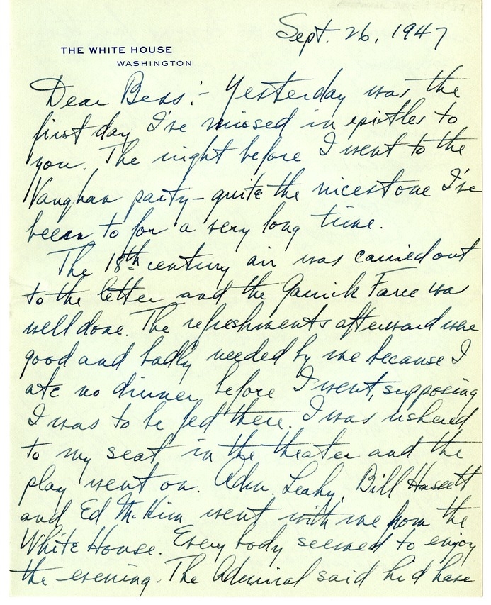 Letter from Harry S. Truman to Bess W. Truman