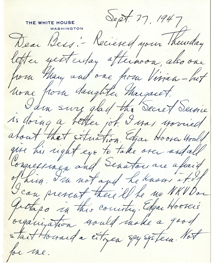 Letter from Harry S. Truman to Bess W. Truman