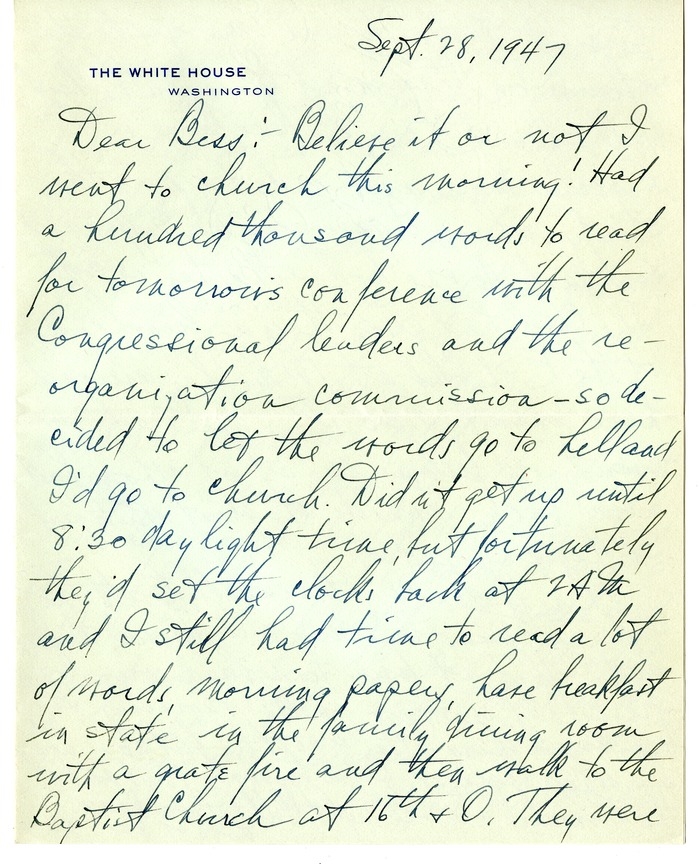 Letter from Harry S. Truman to Bess W. Truman