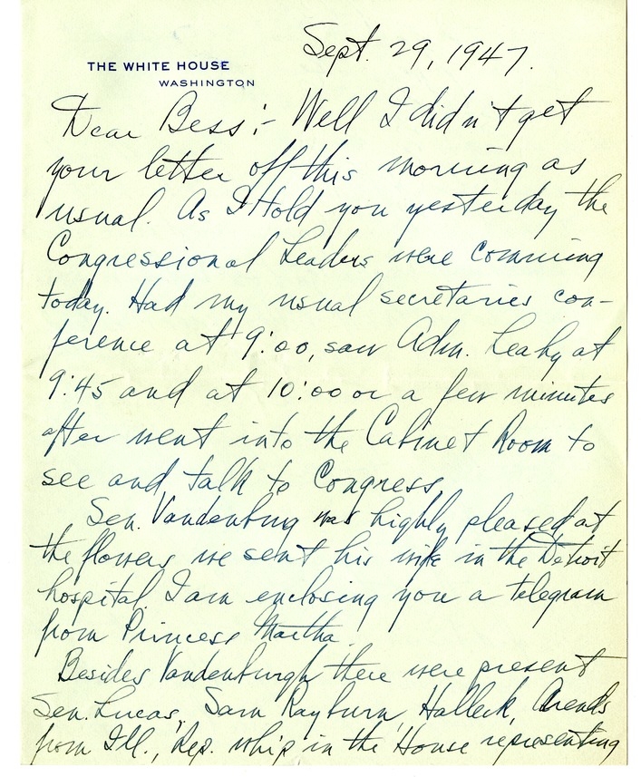 Letter from Harry S. Truman to Bess W. Truman