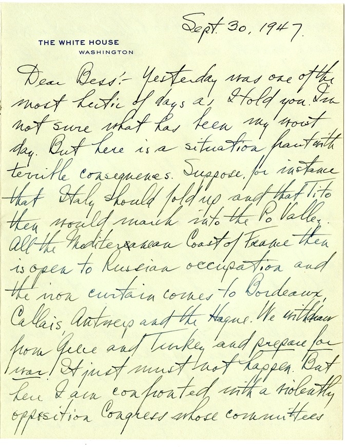 Letter from Harry S. Truman to Bess W. Truman