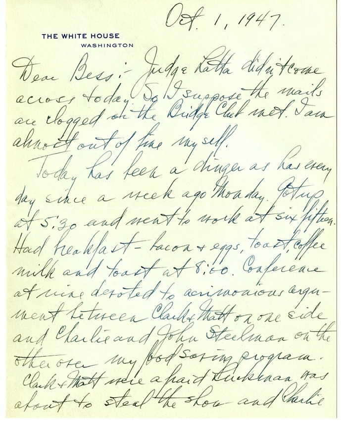 Letter from Harry S. Truman to Bess W. Truman