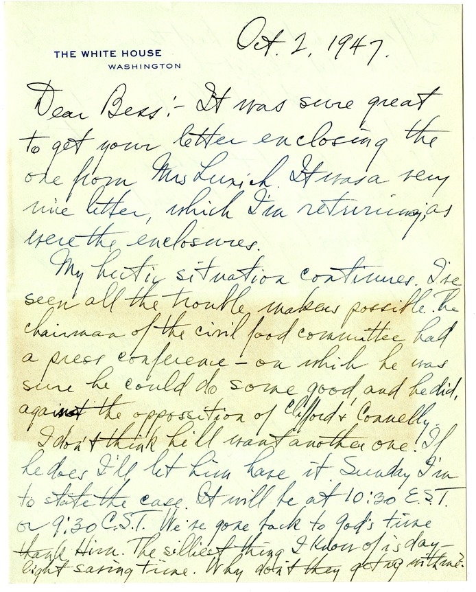 Letter from Harry S. Truman to Bess W. Truman