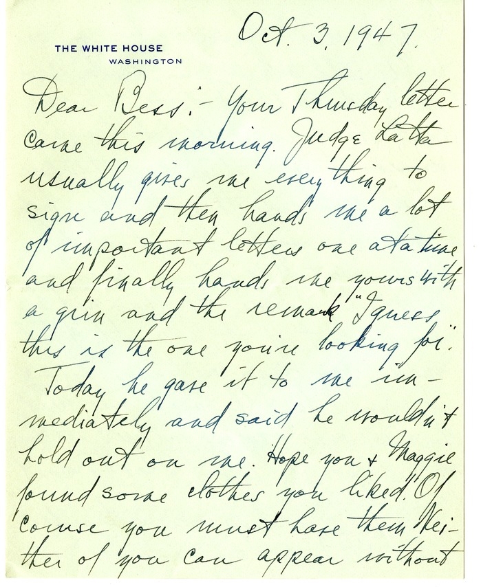 Letter from Harry S. Truman to Bess W. Truman