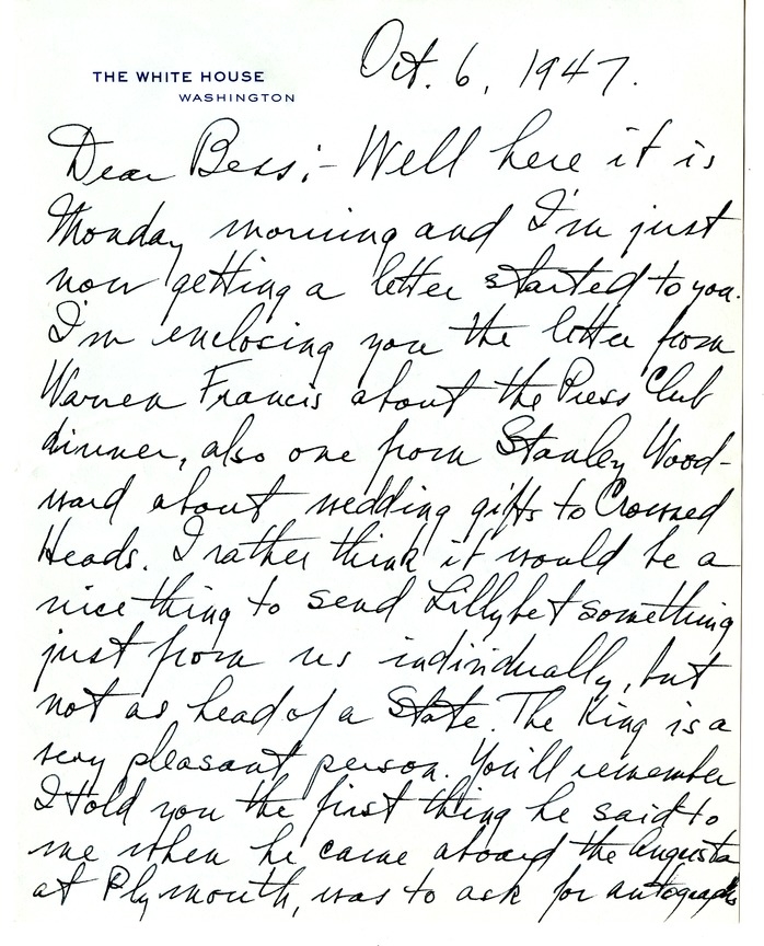 Letter from Harry S. Truman to Bess W. Truman