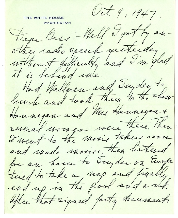 Letter from Harry S. Truman to Bess W. Truman