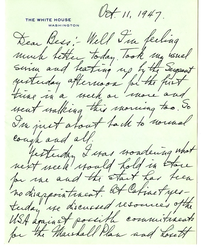 Letter from Harry S. Truman to Bess W. Truman