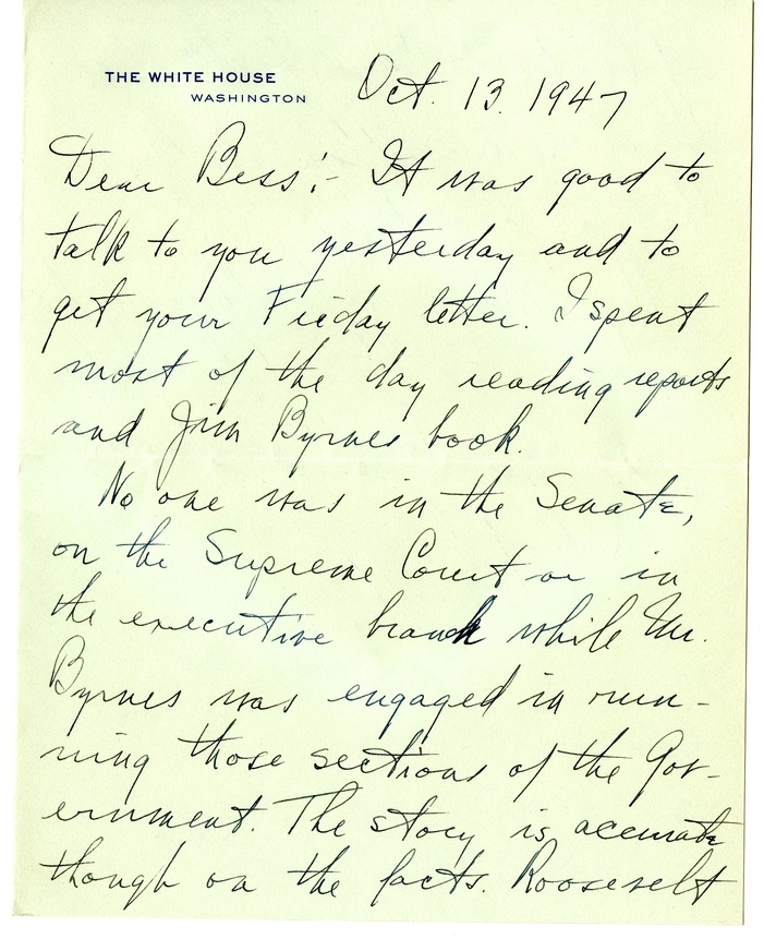 Letter from Harry S. Truman to Bess W. Truman