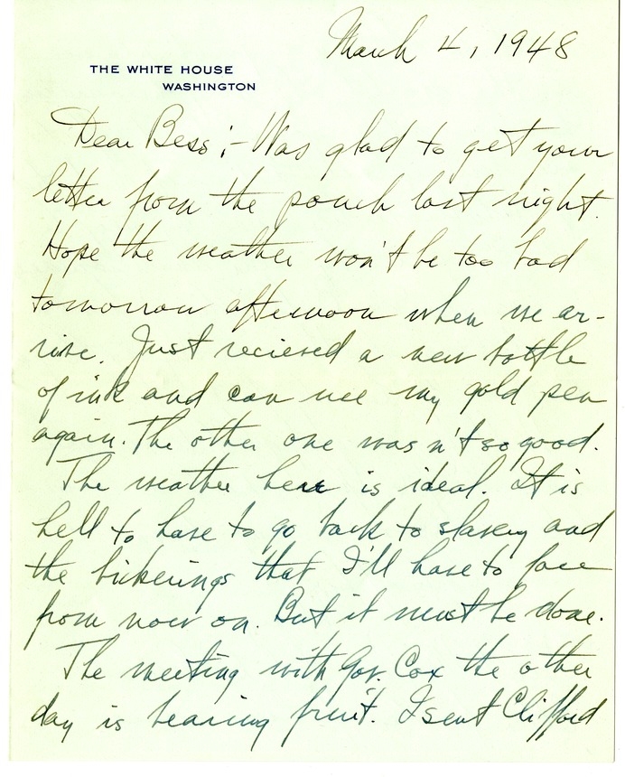 Letter from Harry S. Truman to Bess W. Truman