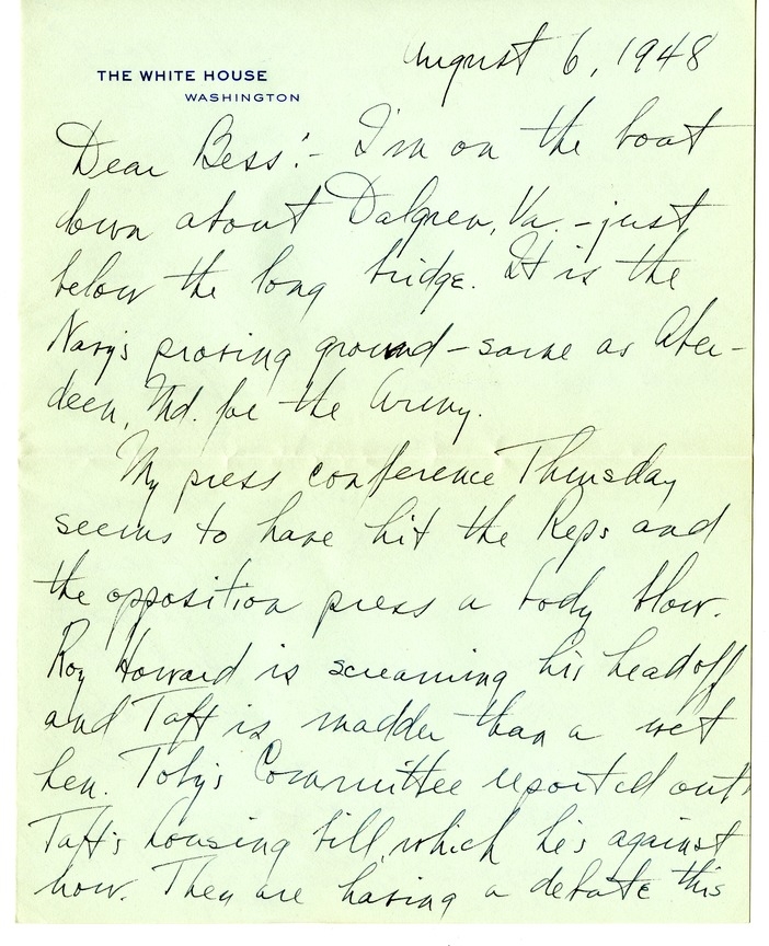 Letter from Harry S. Truman to Bess W. Truman