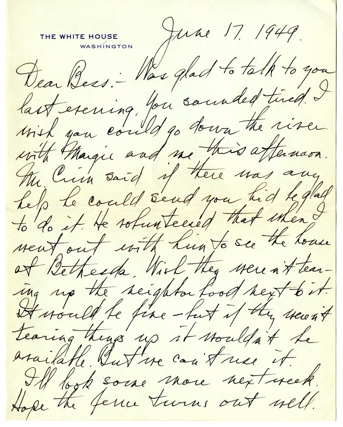 Letter from Harry S. Truman to Bess W. Truman [Gift of Elliott Galleries, Flora K. Bloom, President.]