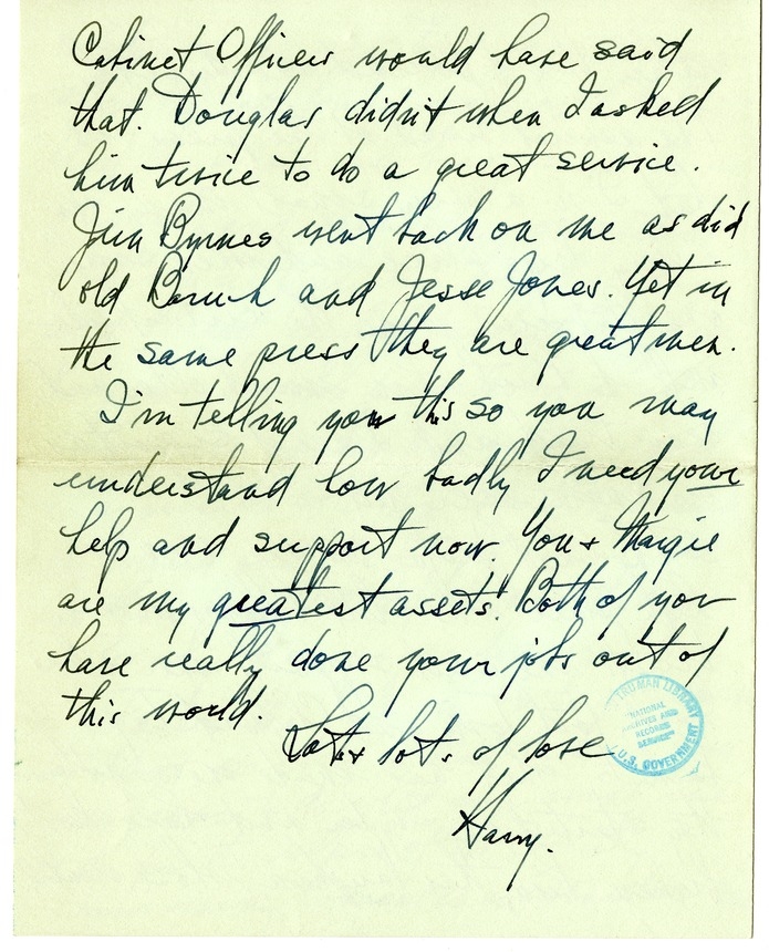 Letter from Harry S. Truman to Bess W. Truman