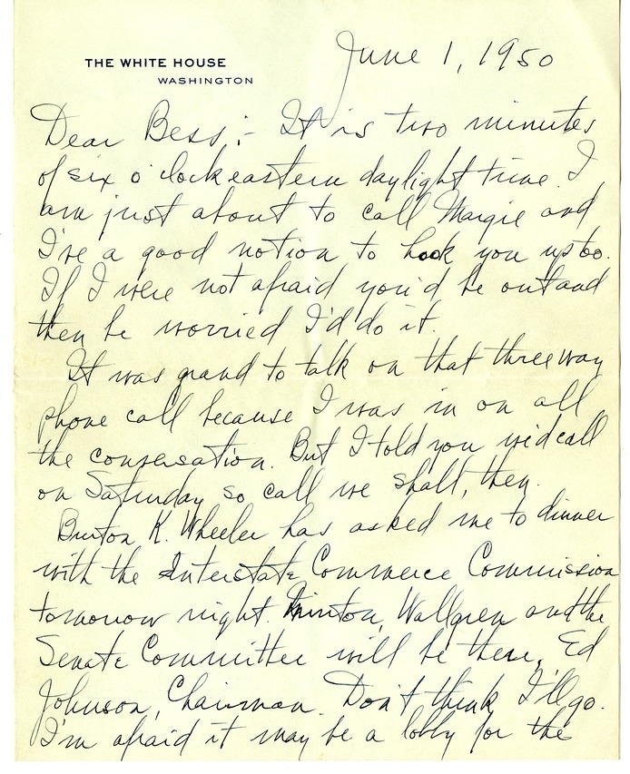 Letter from Harry S. Truman to Bess W. Truman [Gift of Elliott Galleries, Flora K. Bloom, President.]