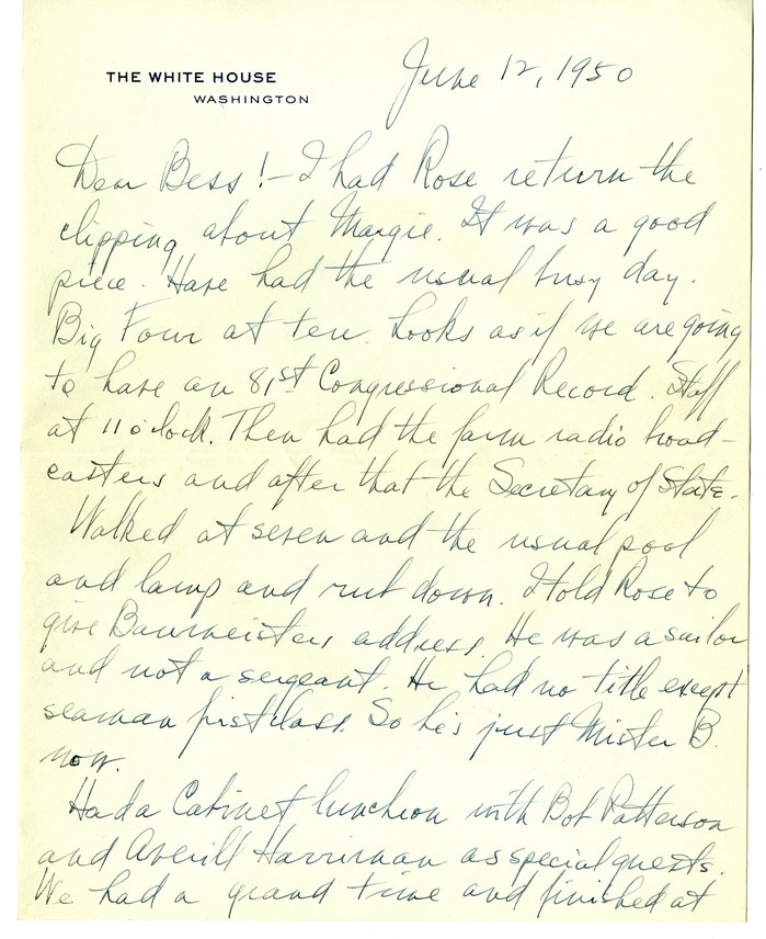 Letter from Harry S. Truman to Bess W. Truman