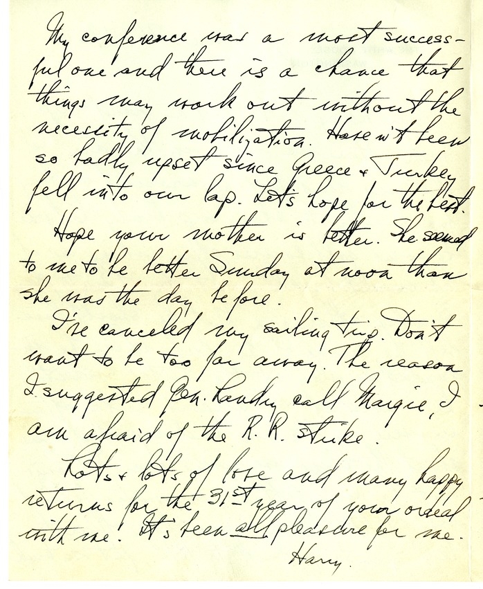 Letter from Harry S. Truman to Bess W. Truman