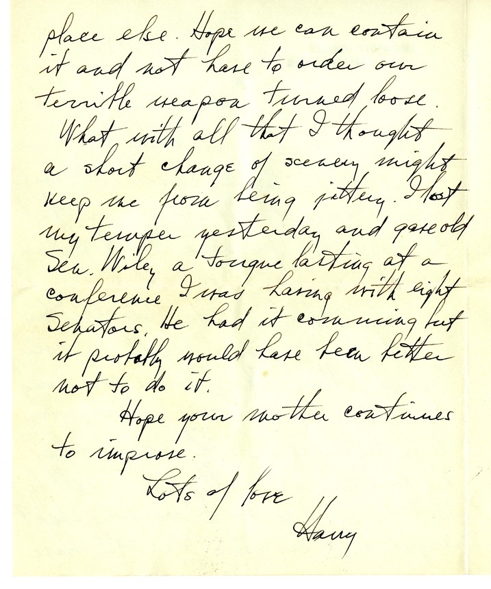 Letter from Harry S. Truman to Bess W. Truman [Gift of Elliott Galleries, Flora K. Bloom, President.]