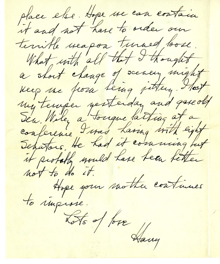 Letter from Harry S. Truman to Bess W. Truman [Gift of Elliott Galleries, Flora K. Bloom, President.]