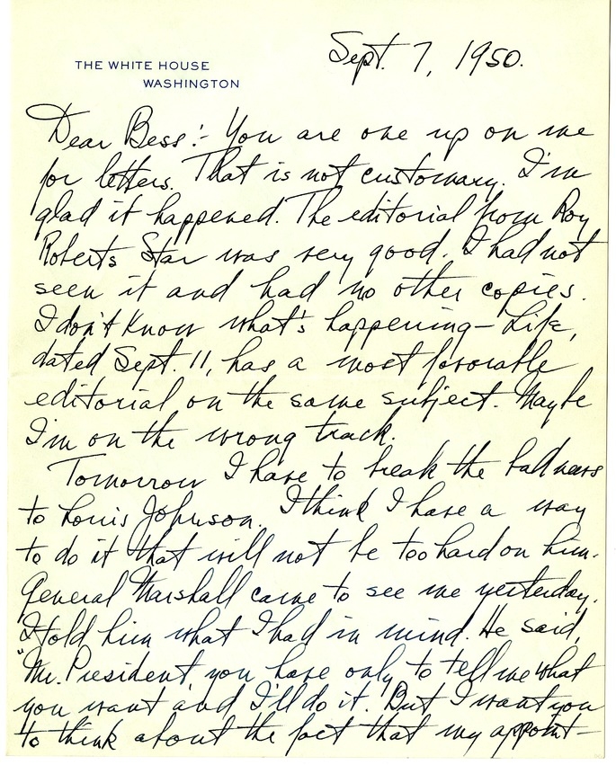 Letter from Harry S. Truman to Bess W. Truman