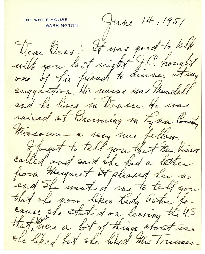 Letter from Harry S. Truman to Bess W. Truman [Gift of Elliott Galleries, Flora K. Bloom, President.]