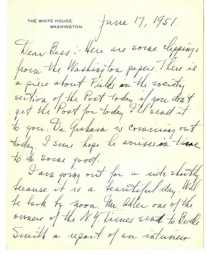 Letter from Harry S. Truman to Bess W. Truman [Gift of Elliott Galleries, Flora K. Bloom, President.]