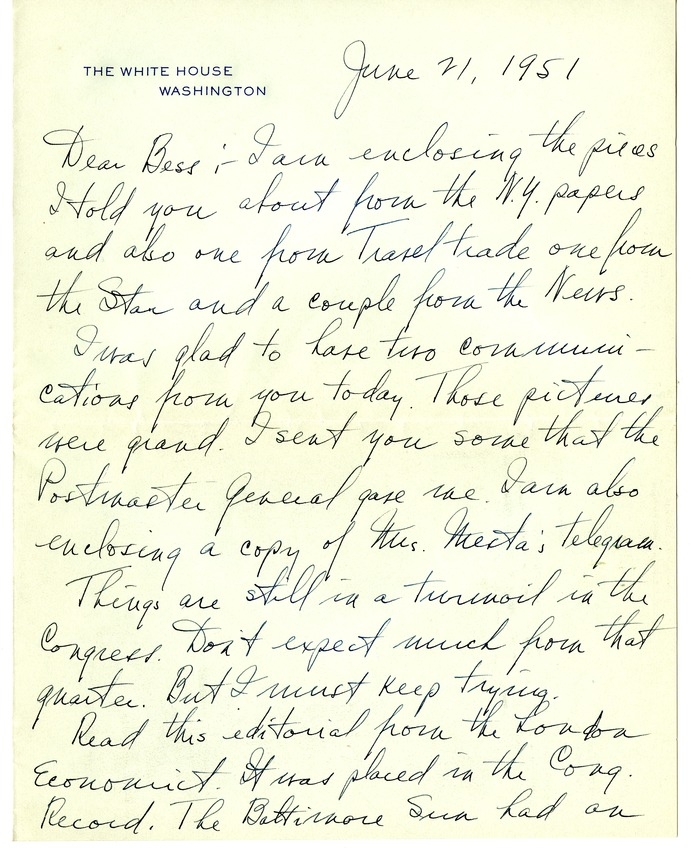 Letter from Harry S. Truman to Bess W. Truman [Gift of Elliott Galleries, Flora K. Bloom, President.]