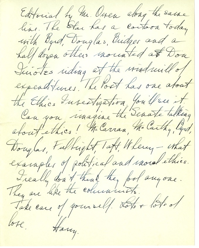 Letter from Harry S. Truman to Bess W. Truman [Gift of Elliott Galleries, Flora K. Bloom, President.]