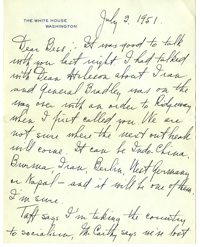 Letter from Harry S. Truman to Bess W. Truman [Gift of Elliott Galleries, Flora K. Bloom, President.]